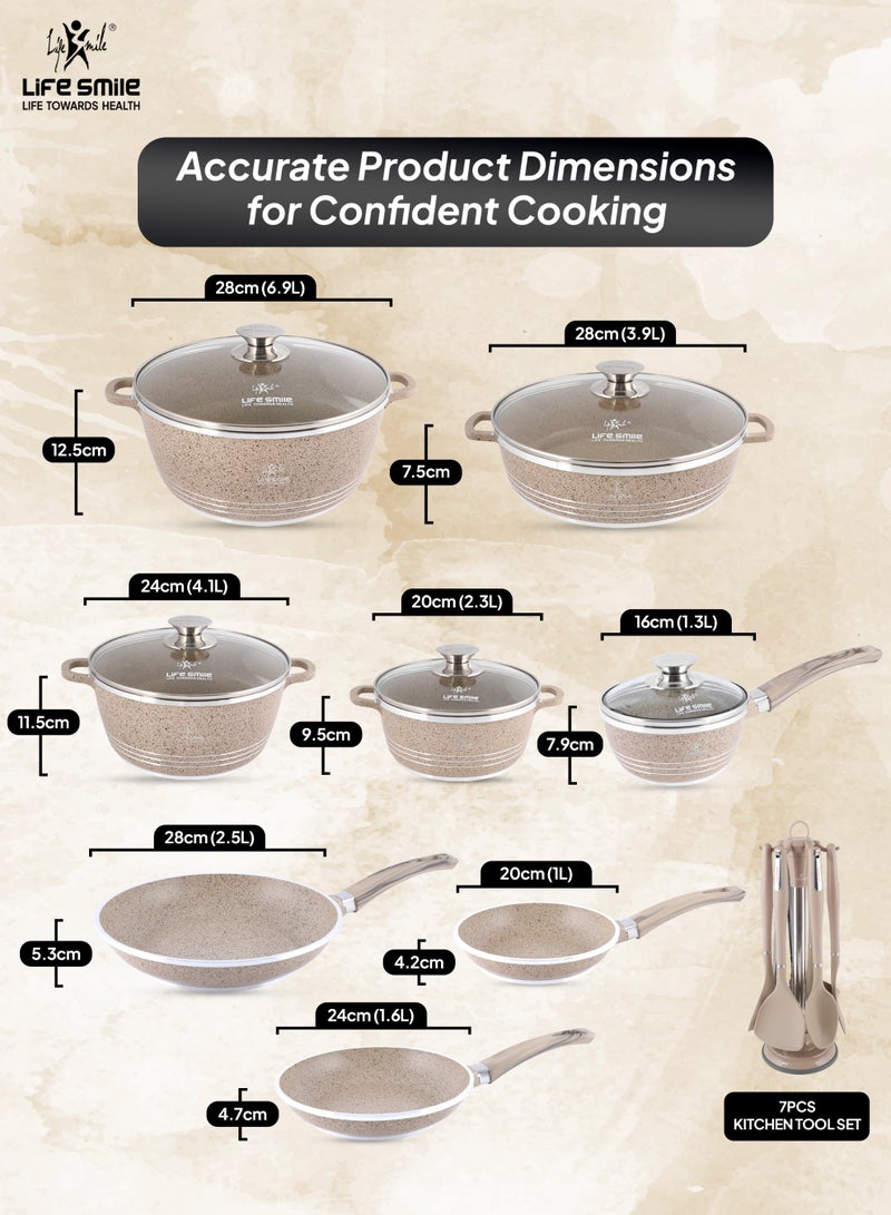 Life Smile 20Pcs Granite Cookware Set – Non stick Cookwares, Oven-Safe Pots and Pans Includes, 16/20/24/28cm  Casseroles with lid, 28cm Shallow Pot with lid,20/24/28cm Frying Pans & 7pcs Silicone Kitchen Spoons with Stand - Image 3