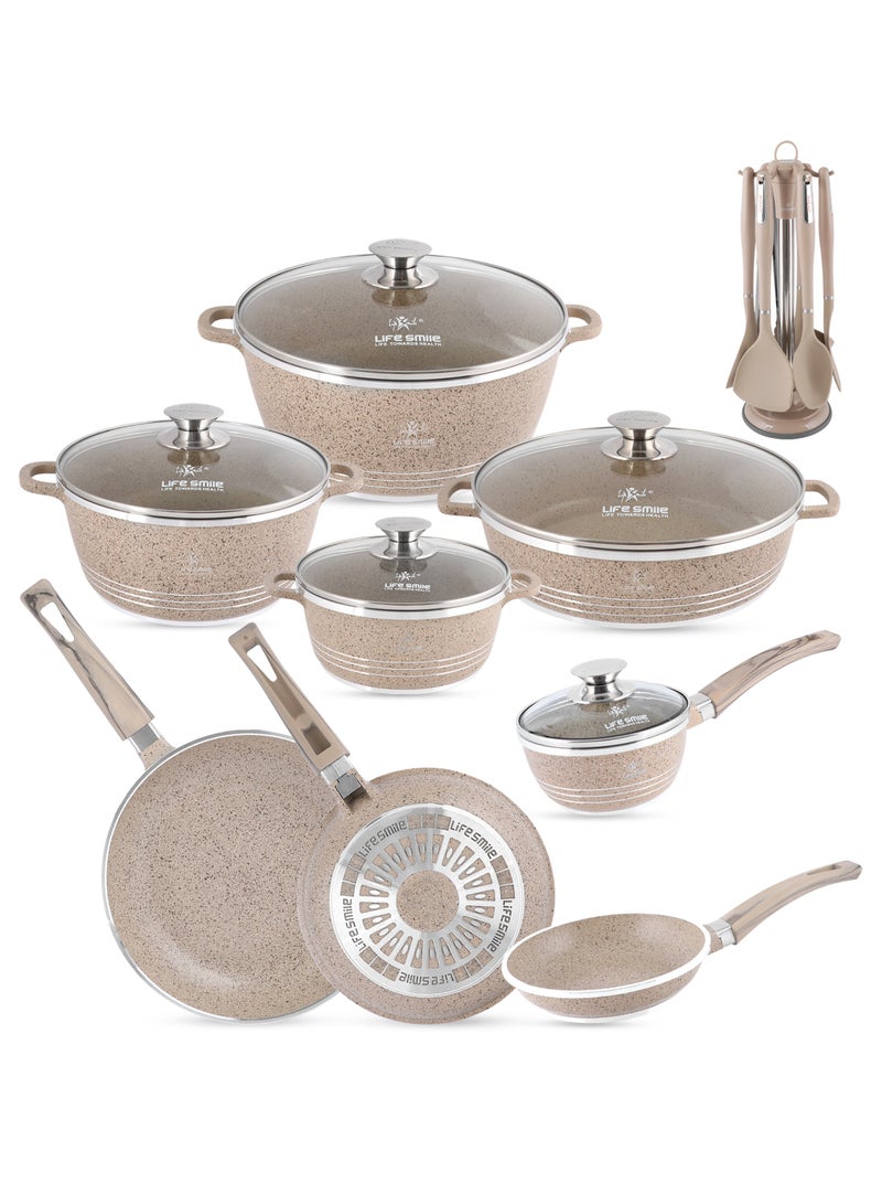 Life Smile 20Pcs Granite Cookware Set – Non stick Cookwares, Oven-Safe Pots and Pans Includes, 16/20/24/28cm  Casseroles with lid, 28cm Shallow Pot with lid,20/24/28cm Frying Pans & 7pcs Silicone Kitchen Spoons with Stand - Image 1