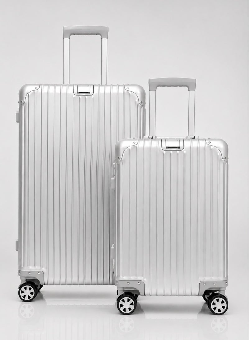 100% Genuine Full Aluminum Travel Suitcase featuring a premium aluminum shell, 360° dual spinner wheels, secure safety lock, telescopic handle, available in 20-inch and 28-inch sizes, offered in multiple colors, and includes a free silicone protective cover as a complimentary gift. - Image 1