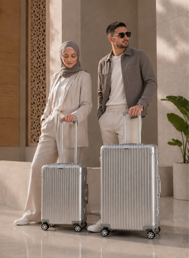 100% Genuine Full Aluminum Travel Suitcase featuring a premium aluminum shell, 360° dual spinner wheels, secure safety lock, telescopic handle, available in 20-inch and 28-inch sizes, offered in multiple colors, and includes a free silicone protective cover as a complimentary gift. - Image 2