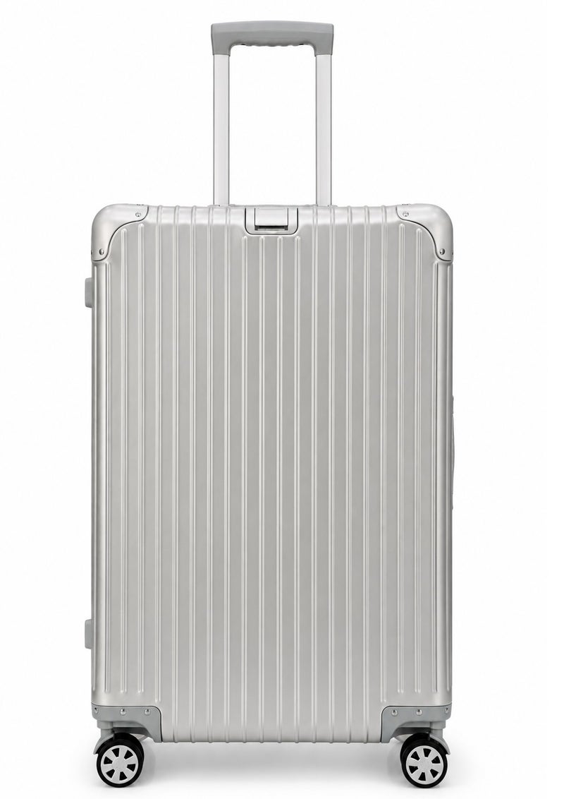 100% Genuine Full Aluminum Travel Suitcase featuring a premium aluminum shell, 360° dual spinner wheels, secure safety lock, telescopic handle, available in 20-inch and 28-inch sizes, offered in multiple colors, and includes a free silicone protective cover as a complimentary gift. - Image 3