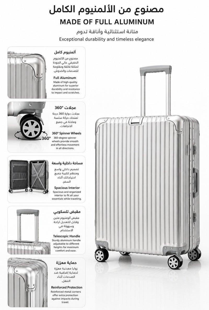 100% Genuine Full Aluminum Travel Suitcase featuring a premium aluminum shell, 360° dual spinner wheels, secure safety lock, telescopic handle, available in 20-inch and 28-inch sizes, offered in multiple colors, and includes a free silicone protective cover as a complimentary gift. - Image 4