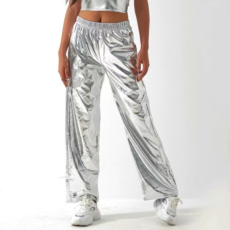 25 Casual Pants For Men And Women, Gold Patent Leather Street Hip-Hop Party Iridescent Long Pants, Loose Pants - Image 1