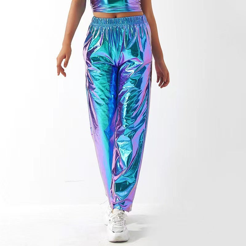 25 Casual Pants For Men And Women, Gold Patent Leather Street Hip-Hop Party Iridescent Long Pants, Loose Pants - Image 5