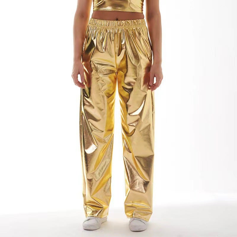 25 Casual Pants For Men And Women, Gold Patent Leather Street Hip-Hop Party Iridescent Long Pants, Loose Pants - Image 2
