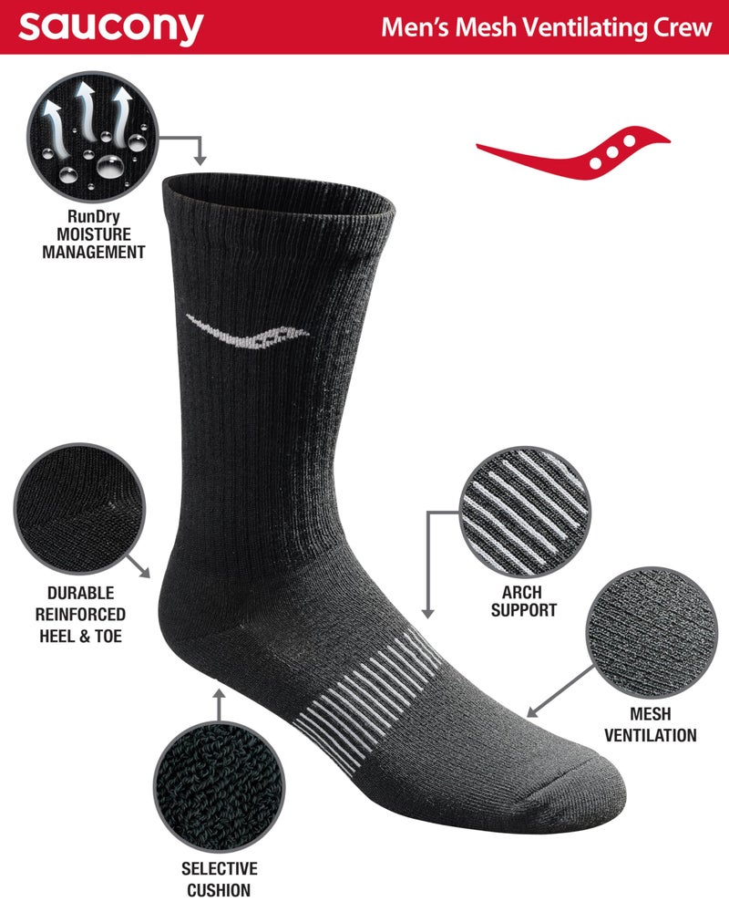 Saucony Men's RunDry Mesh Ventilating Comfort Fit Performance Crew Socks, Available in L-XL (3, 6, 12, Black (6 Pairs), X-Large - Image 2