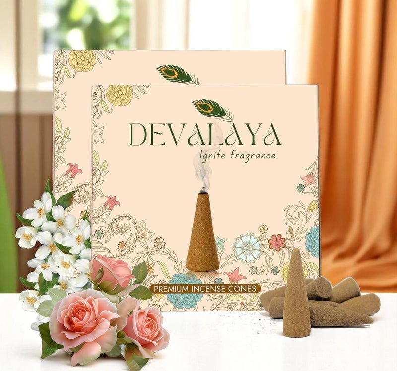 Devalaya Arabian Mogra/Symphony Rose Incense Cones (40 Cones, Pack of 2), Dry Incense, Dhoop Batti for Pooja, 100% Charcoal-Free, 25-Minute Burn Time, Eco-Friendly, 3.5 CM Length - Image 1