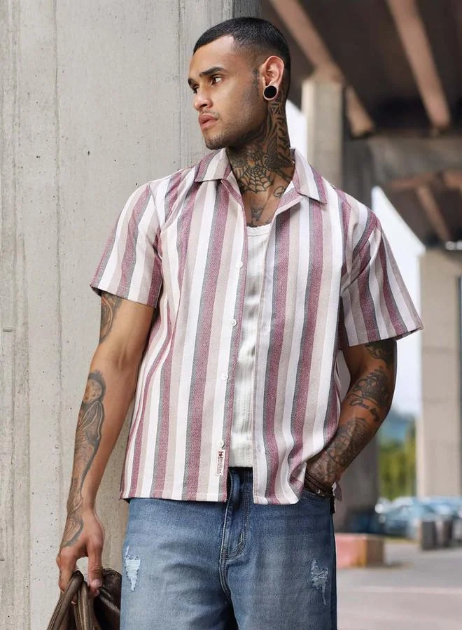 HIGH STAR Men Relaxed Fit Striped Casual Half Sleeve Shirt