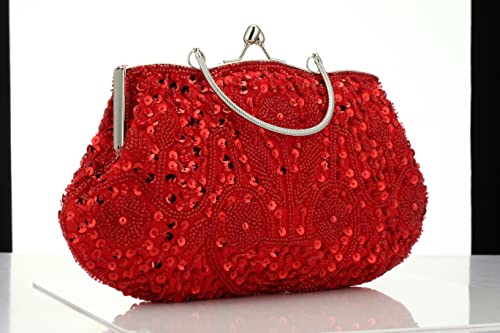 Simcat Beaded Sequin Design Flower Evening Purse Large Clutch Bag (red) - Image 4