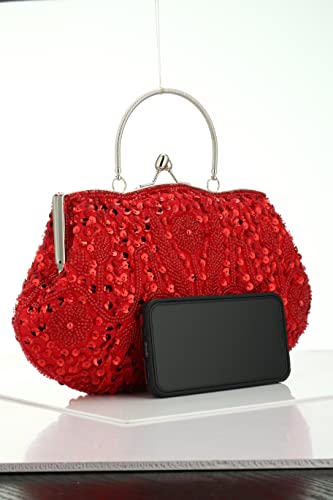 Simcat Beaded Sequin Design Flower Evening Purse Large Clutch Bag (red) - Image 5