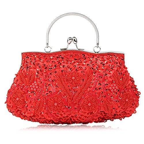 Simcat Beaded Sequin Design Flower Evening Purse Large Clutch Bag (red) - Image 2