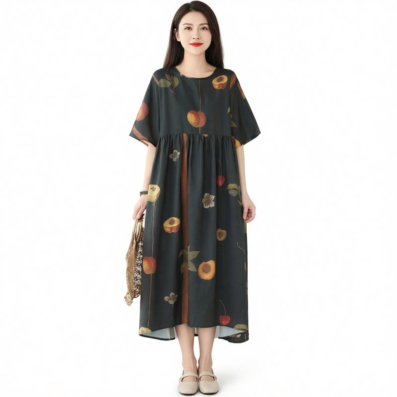 Fruit Print Loose Round Neck Summer Dress