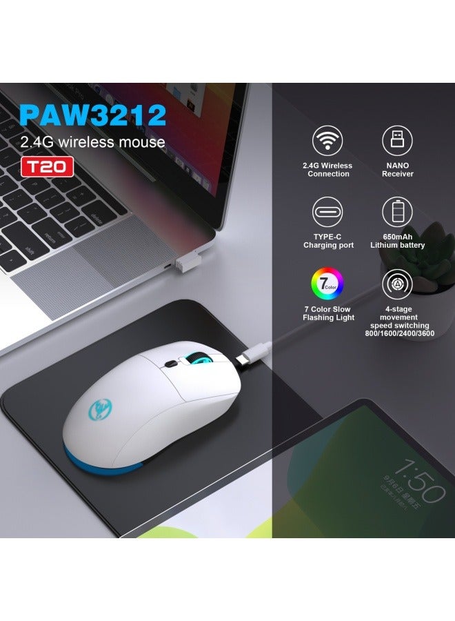 عام T20 الماوس اللاسلكي المدمج في 650 ماه بطارية قابلة للشحن ، قابلة للشحن 2.4G الماوس اللاسلكي الأبيض - Image 3