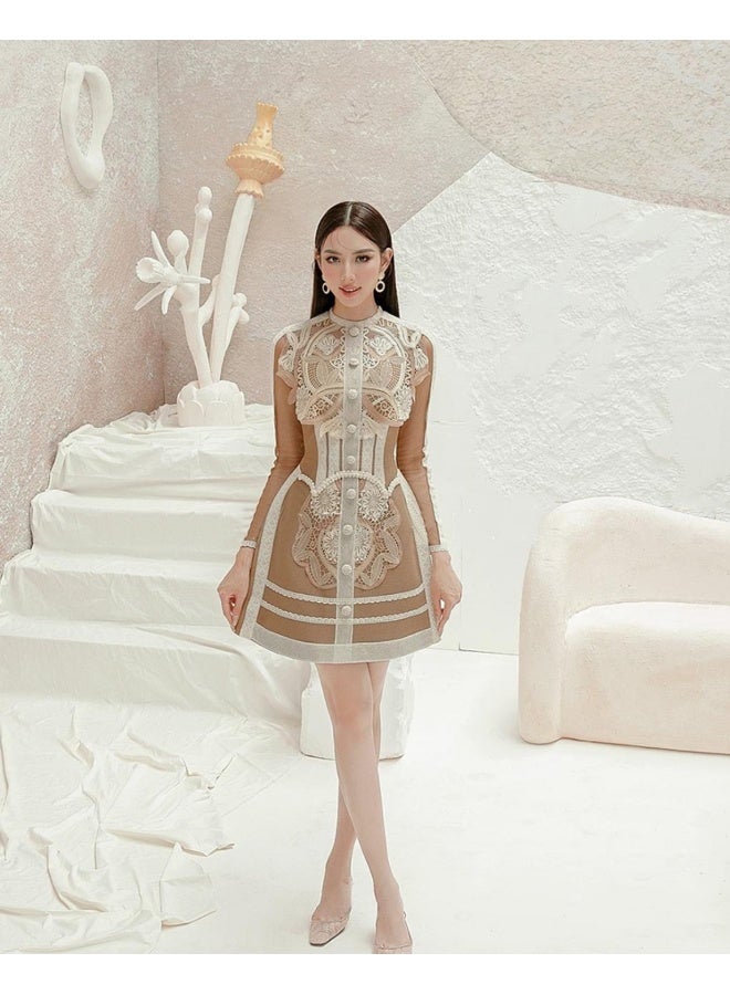 Loquat Heavy-duty Water-soluble Lace Long Sleeve Dress with Waist Detail - Image 2