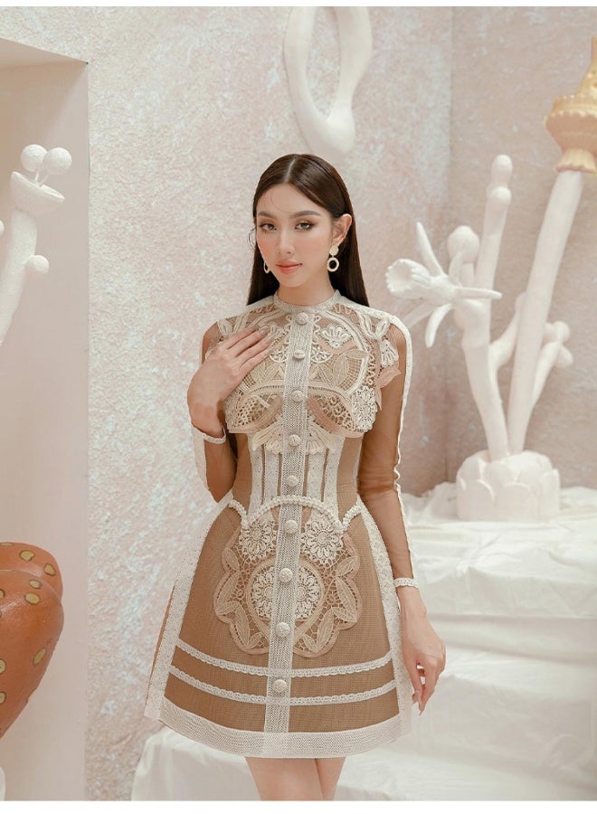 Loquat Heavy-duty Water-soluble Lace Long Sleeve Dress with Waist Detail - Image 1