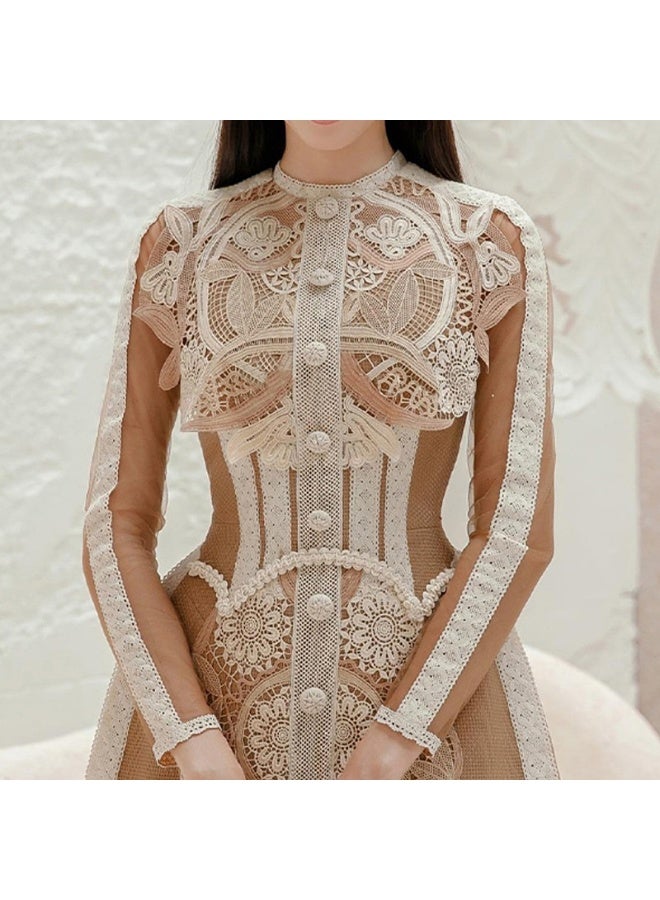 Loquat Heavy-duty Water-soluble Lace Long Sleeve Dress with Waist Detail - Image 4