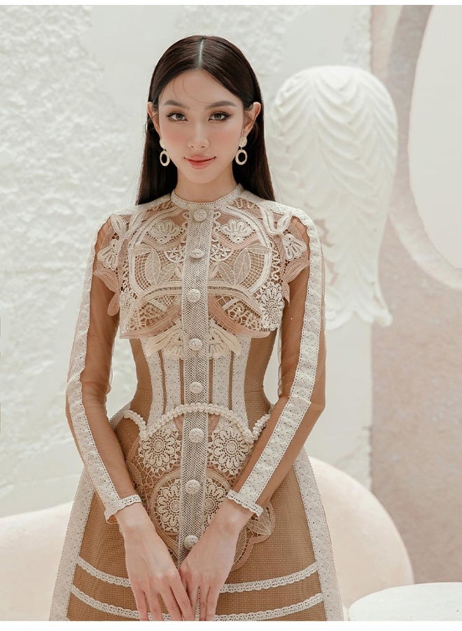 Loquat Heavy-duty Water-soluble Lace Long Sleeve Dress with Waist Detail - Image 3