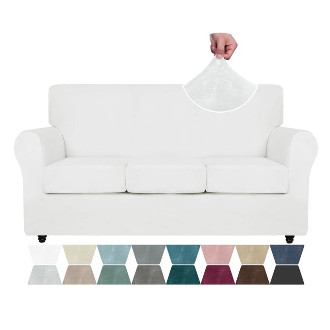 LUXURY VELVET COUCH COVER 4 PIECE 7292 STRETCH SOFA COVERS FOR 3 CUSHION COUCH THICK SOFT SOFA SLIPCOVER WITH NON SLIP STRAP DOG PET FRIENDLY NICE FURNITURE PROTECTOR WHITE