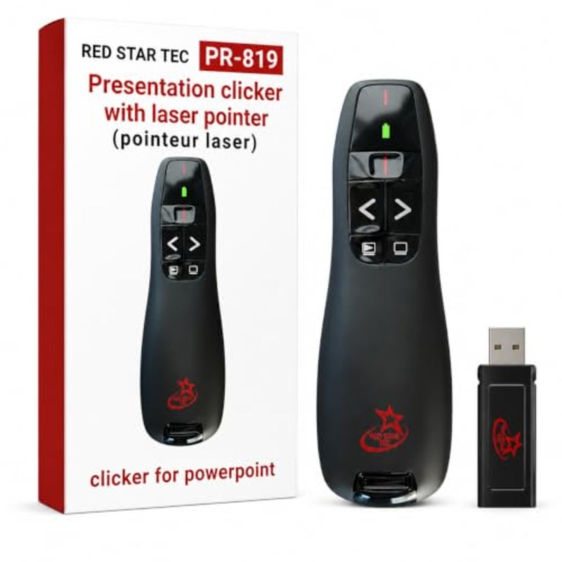 جهاز Powerpoint وKeynote Presentation اللاسلكي جهاز الفرس عن بعد PR-819 لاجتماعات المكتب، بلاستيك ABS، أسود، نطاق 100 متر والتوصيل والتشغيل - Image 1