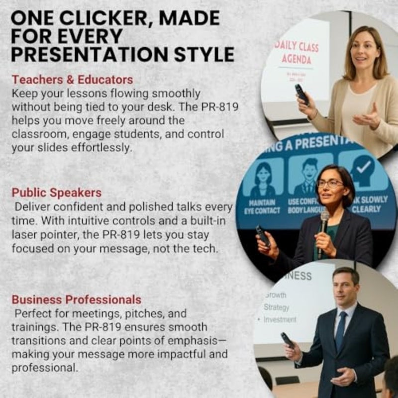 جهاز Powerpoint وKeynote Presentation اللاسلكي جهاز الفرس عن بعد PR-819 لاجتماعات المكتب، بلاستيك ABS، أسود، نطاق 100 متر والتوصيل والتشغيل - Image 4