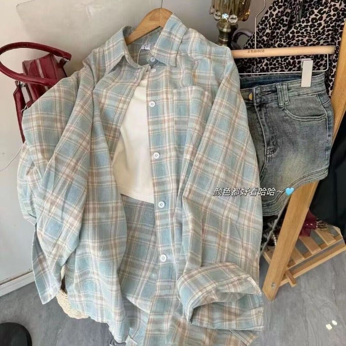Hong Kong Style Blue Plaid Shirt Womens Early Autumn 2024 New Design Sense Niche Shirt Loose Elegant Coat Top Picture color
