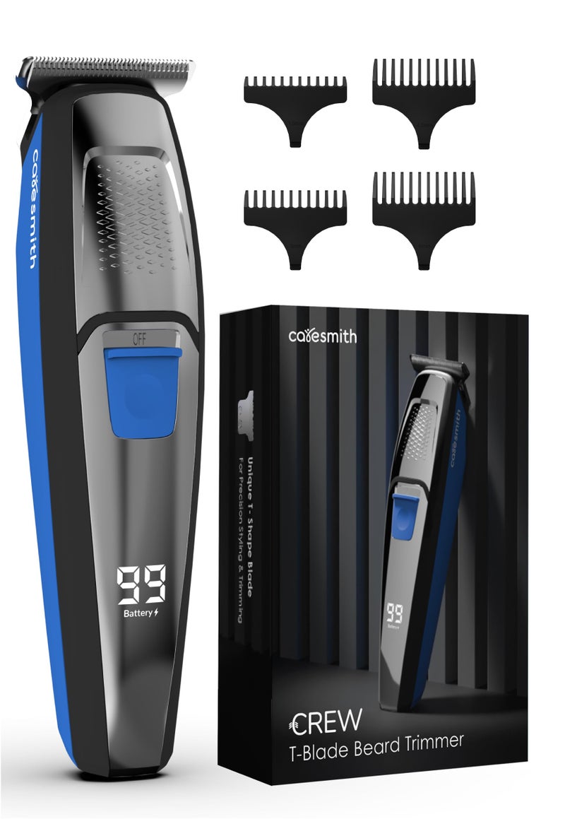 Caresmith Crew T-Blade Beard Trimmer for Men Rechargeable | Solid Steel Blade Beard Shaper | LED Battery Display | 2 Hrs Battery Life | 7000 RPM Motor Hair Trimmer Men | 4 Combs & Carry Pouch | Shaver for Men - Image 1
