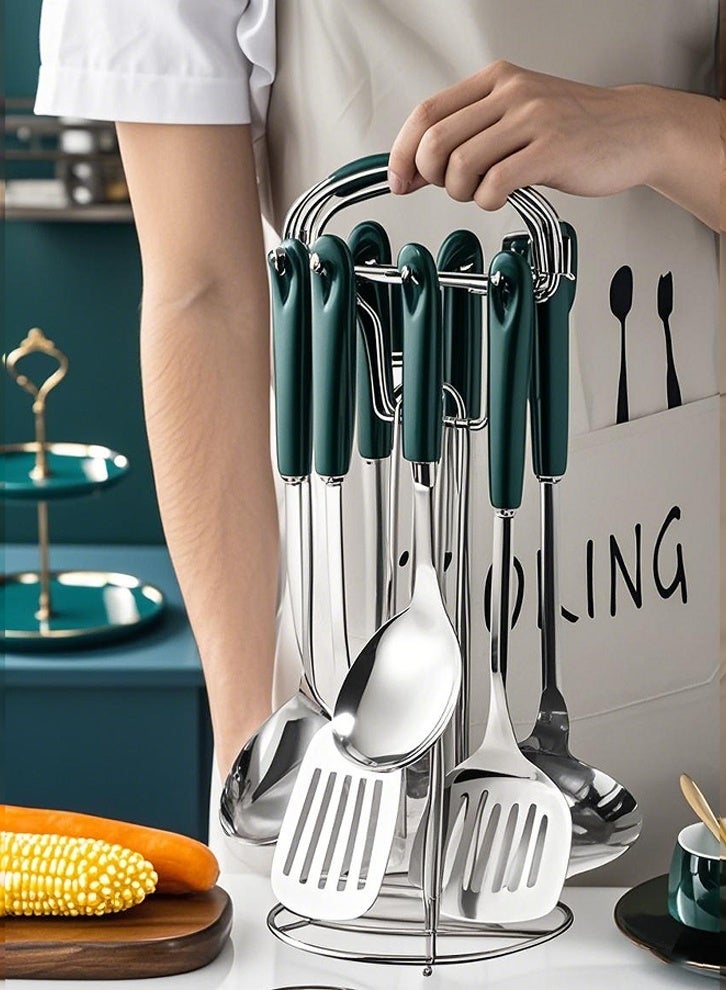 تركيبة أدوات الطبخ السبعة قطع للمطبخ باللون الفضي والأخضر - Image 1