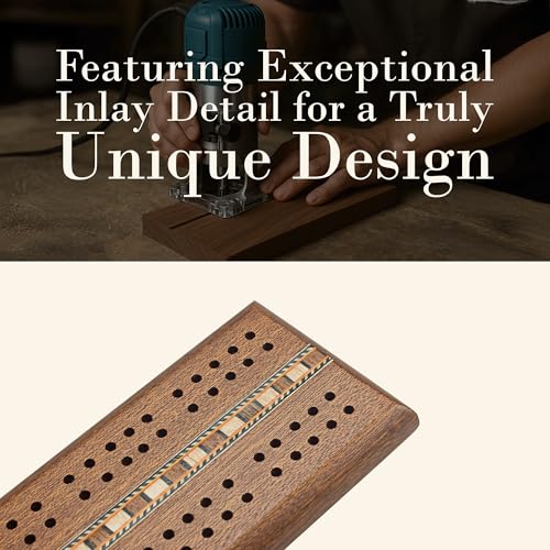 Sterling Games Wooden Cribbage 12 inch Double Track Cribbage Board with Rich Italian Inlaid for 2 Players Playing Cards Included - Image 2