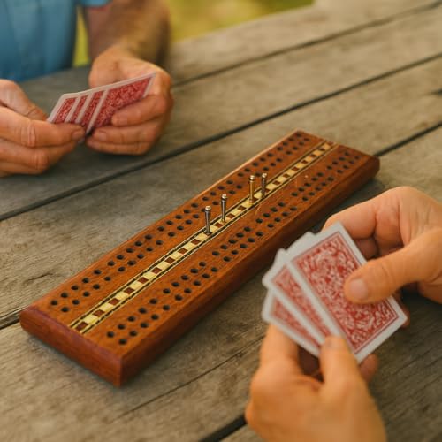 Sterling Games Wooden Cribbage 12 inch Double Track Cribbage Board with Rich Italian Inlaid for 2 Players Playing Cards Included - Image 4