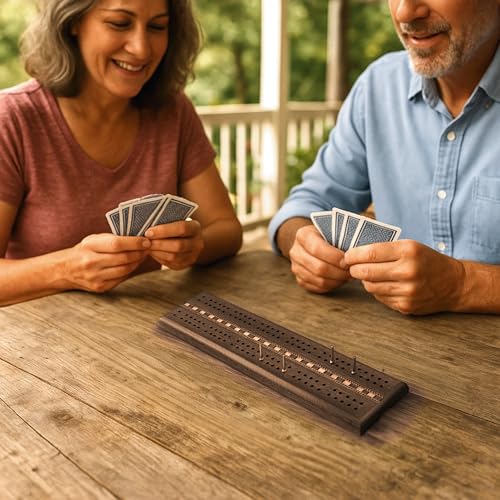 Sterling Games Wooden Cribbage 12 inch Double Track Cribbage Board with Rich Italian Inlaid for 2 Players Playing Cards Included - Image 3