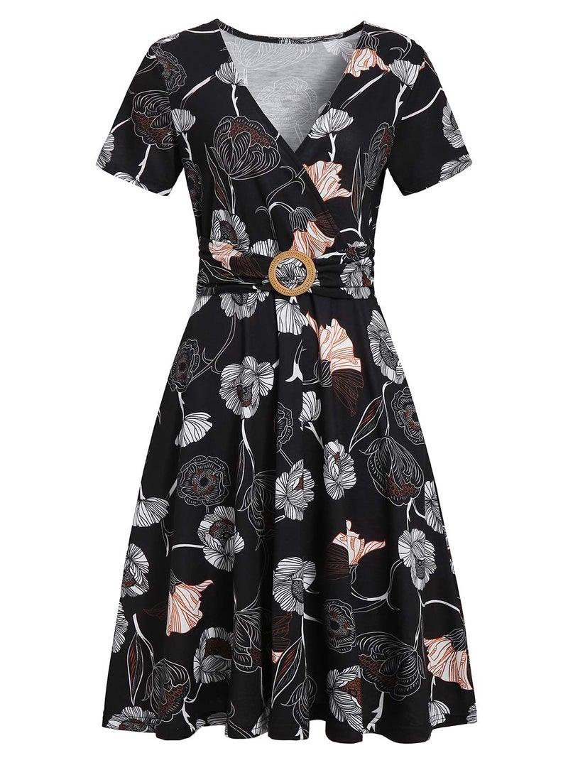 HELYO Women's Elegant Criss-Cross V Neck Vintage Short Sleeve Work Casual Party Swing Tea Dress with Pockets 980 (XXL, Black Floral) - Image 3