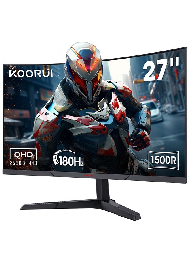 KOORUI - 27-Inch Curved Gaming Monitor 1500R QHD 2560 x 1440,Up to 180Hz Refresh Rate, 1ms Response Time, sRGB 100% Color Gamut, DCI-P3 90%, 4000: 1 Static Contrast, 1.07 billion (8+FRC) Maximum Color, Audio Interface, Tilt Adjustable, DisplayPort and HDMI, VESA Compatible, Eye Protection, Crosshair, Timer, Free-sync, G-sync Compatible | 27E6QCA - Image 1