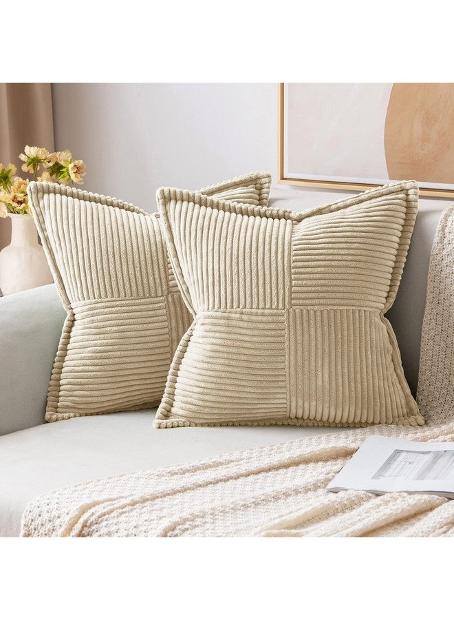 MIULEE MIULEE Cream Corduroy Pillow Covers with Splicing Set of 2 Super Soft Couch Pillow Covers Broadside Striped Decorative Textured Throw Pillows for Spring Cushion Bed Livingroom 18x18 inch - Image 1