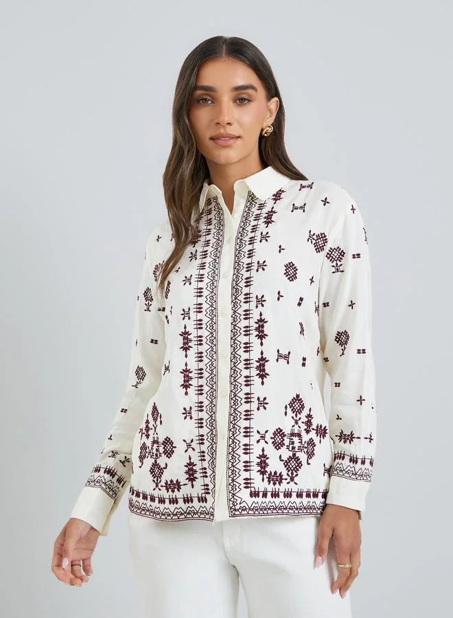 Styli Women White Embroidered Oversized Shirt