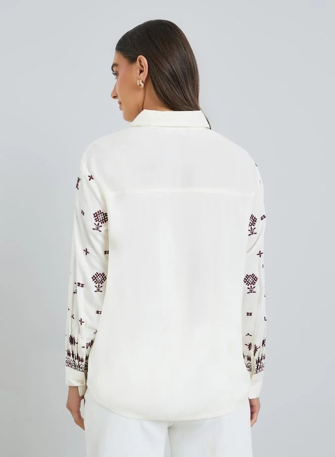 Styli Women White Embroidered Oversized Shirt