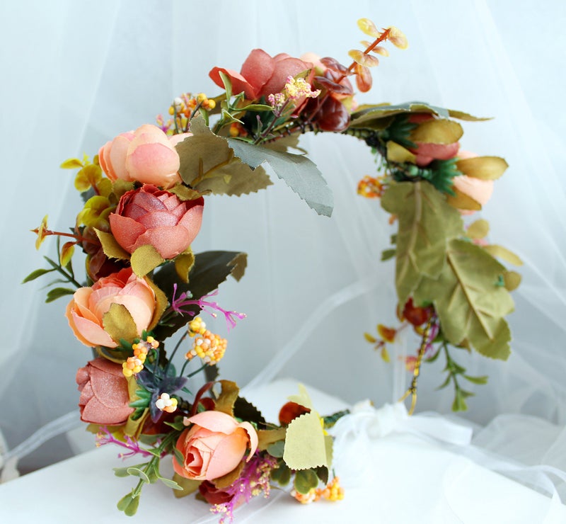 Vivivalue Boho Flower Crown Flower Garland Headband Hair Wreath Floral Headpiece Halo with Ribbon Wedding Party Festival Photos - Image 3
