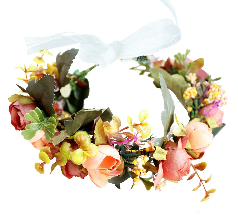 Vivivalue Boho Flower Crown Flower Garland Headband Hair Wreath Floral Headpiece Halo with Ribbon Wedding Party Festival Photos - Image 1