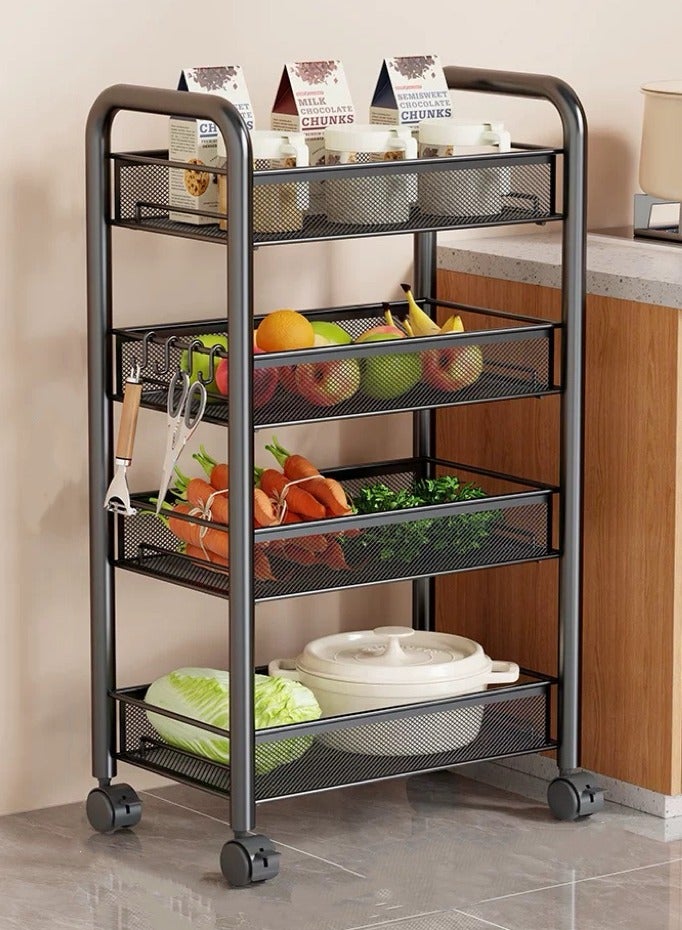 4 Tier Kitchen Multifunctional Storage Holders Movable Racks Stackable Metal Basket Storage Shelf Fruit Vegetable Organizer with Wheels (Black) - Image 1