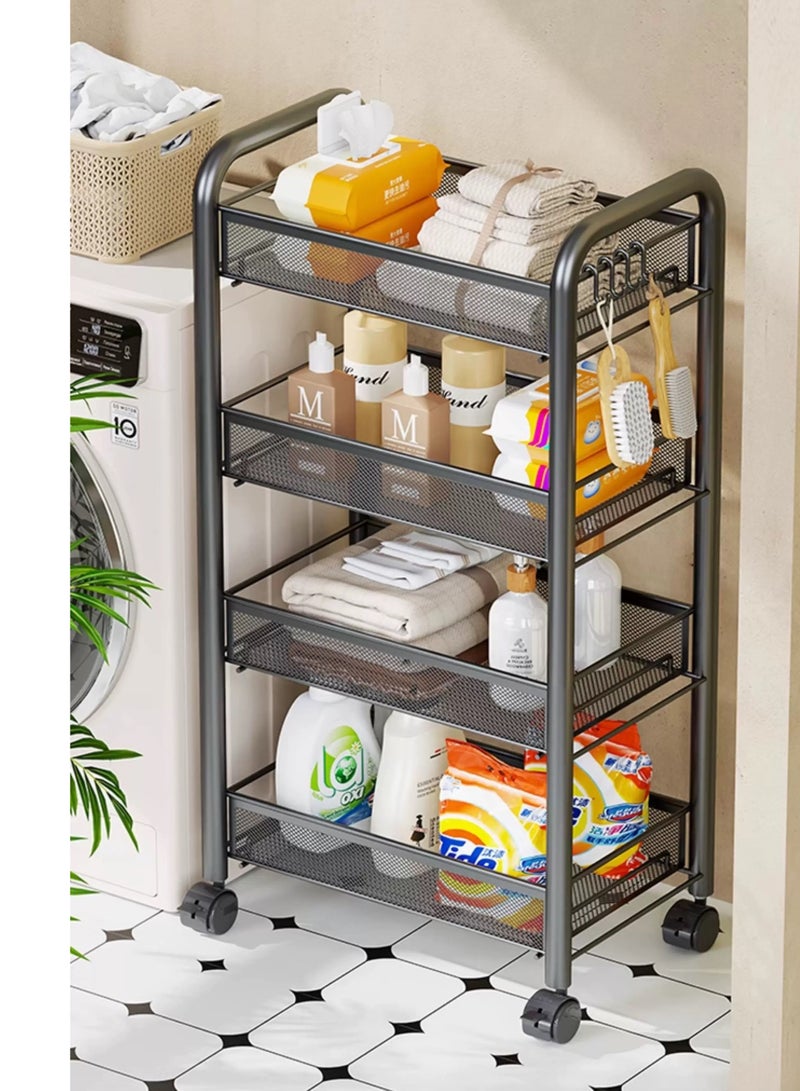 4 Tier Kitchen Multifunctional Storage Holders Movable Racks Stackable Metal Basket Storage Shelf Fruit Vegetable Organizer with Wheels (Black) - Image 2