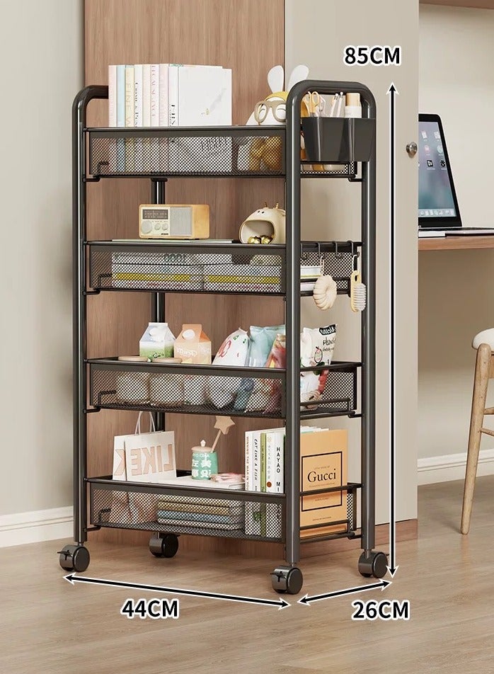 4 Tier Kitchen Multifunctional Storage Holders Movable Racks Stackable Metal Basket Storage Shelf Fruit Vegetable Organizer with Wheels (Black) - Image 3