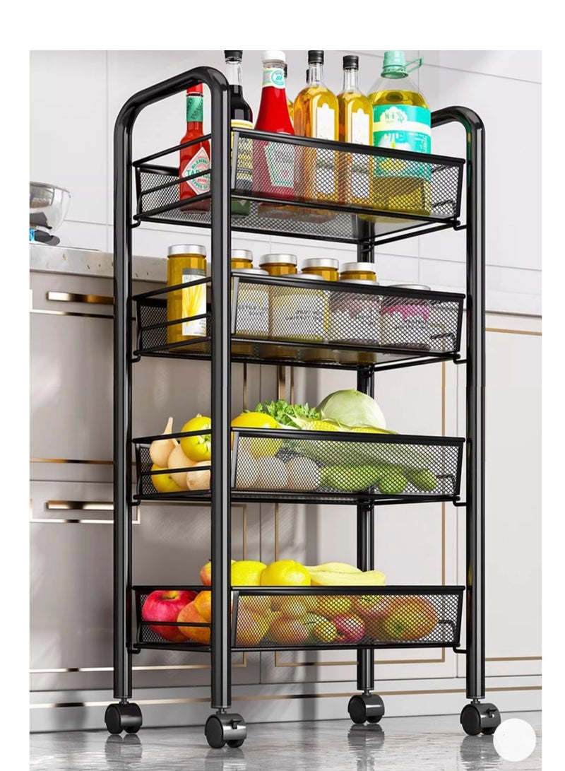 4 Tier Kitchen Multifunctional Storage Holders Movable Racks Stackable Metal Basket Storage Shelf Fruit Vegetable Organizer with Wheels (Black) - Image 5