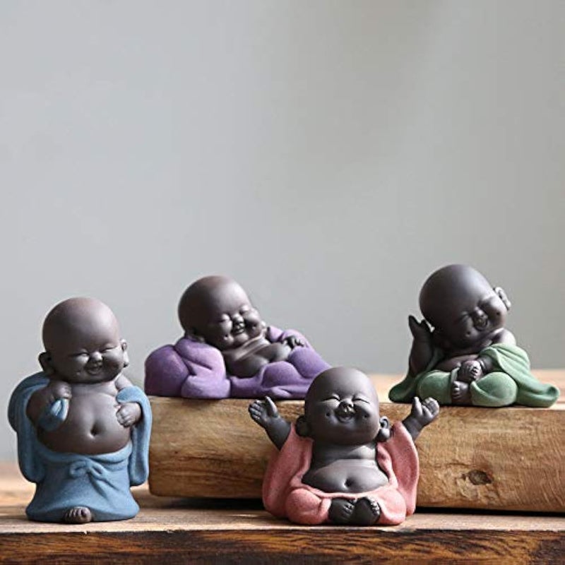 Kingzhuo A Collection of Cutie 4 Smiling Buddha Laughing Buddha Statue Adorable Figurine 4 Lovely Little Buddha Cutest Baby Buddha Great Details Giftable Make You Happy (4 Buddhas) - Image 1