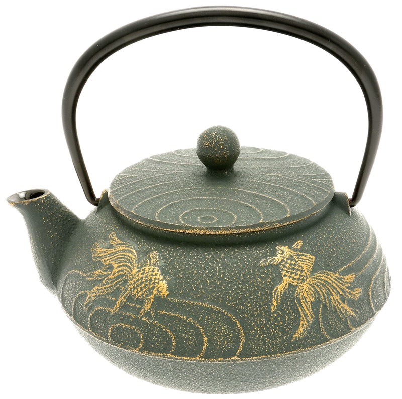 Iwachu Japanese Iron Tetsubin Teapot with "Bronze" Goldfish, Gold/Patina Green - Image 5