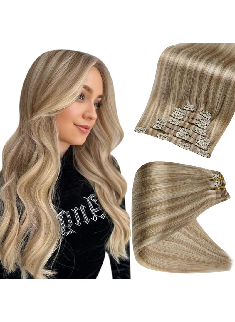 Full Shine Full Shine Highlight Clip in Hair Extensions Human Hair Blonde Real Hair Extensions Clip in Human Hair Dark Blonde Mix Light Blonde Seamless Clip in Hair Extensions Human Hair 20 Inch 8 Pcs 120 Grams 