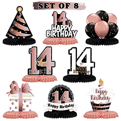 LINGTEER Happy 14th Birthday Rose Gold Table Honeycomb Centerpieces Cheers to 14th Birthday Fourteen Years Old Party Table Decorations Gift Sign - Image 1