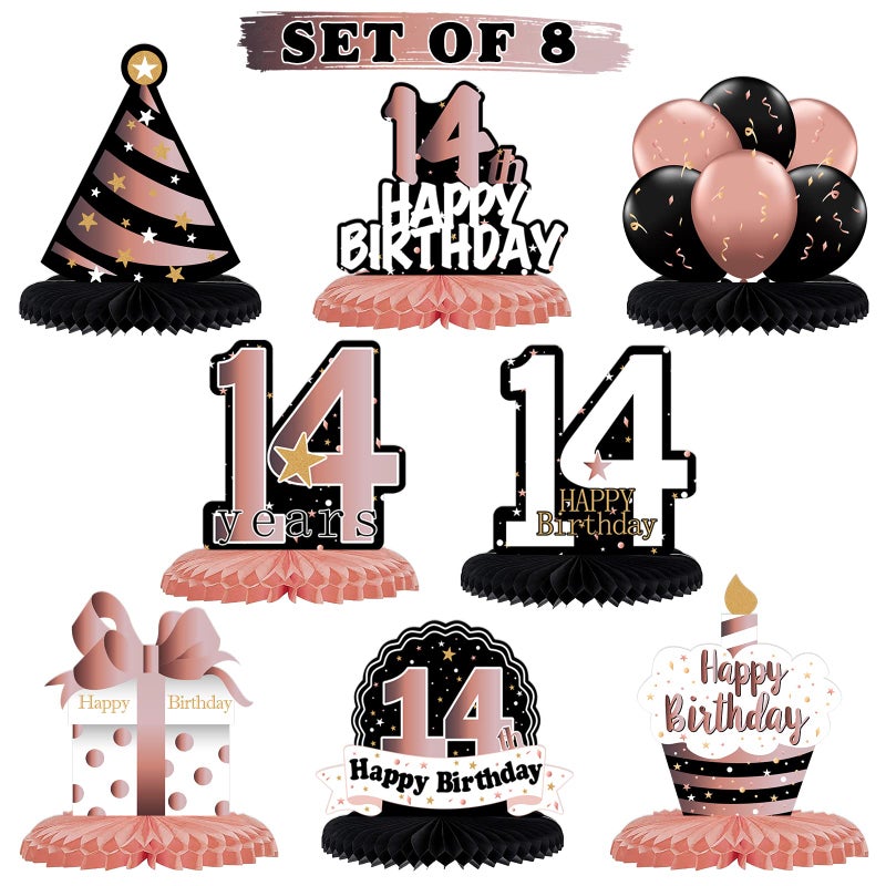 LINGTEER Happy 14th Birthday Rose Gold Table Honeycomb Centerpieces Cheers to 14th Birthday Fourteen Years Old Party Table Decorations Gift Sign - Image 2