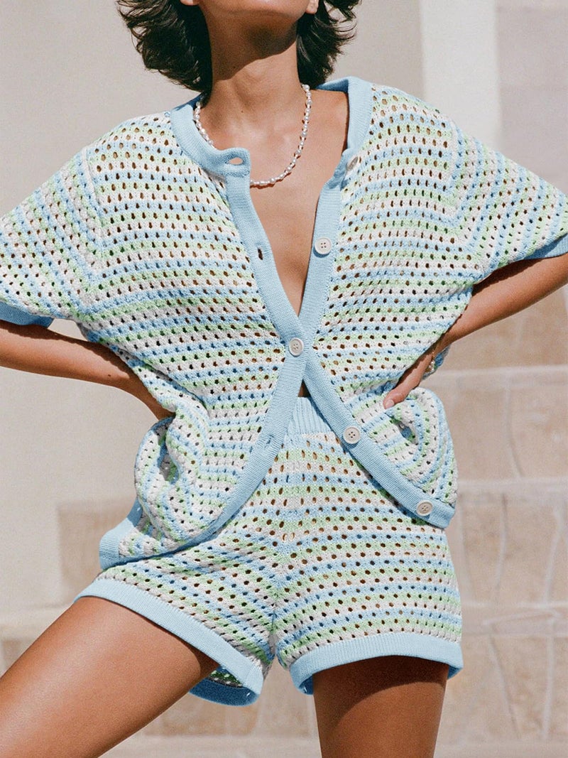 Saodimallsu Womens Crochet Swimsuit Coverup Summer Beach Sets Striped Knit Short Sleeve Button Shirts 2 Piece Short Set Blue - Image 2