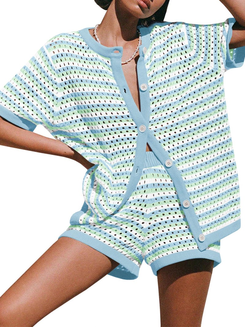 Saodimallsu Womens Crochet Swimsuit Coverup Summer Beach Sets Striped Knit Short Sleeve Button Shirts 2 Piece Short Set Blue - Image 1