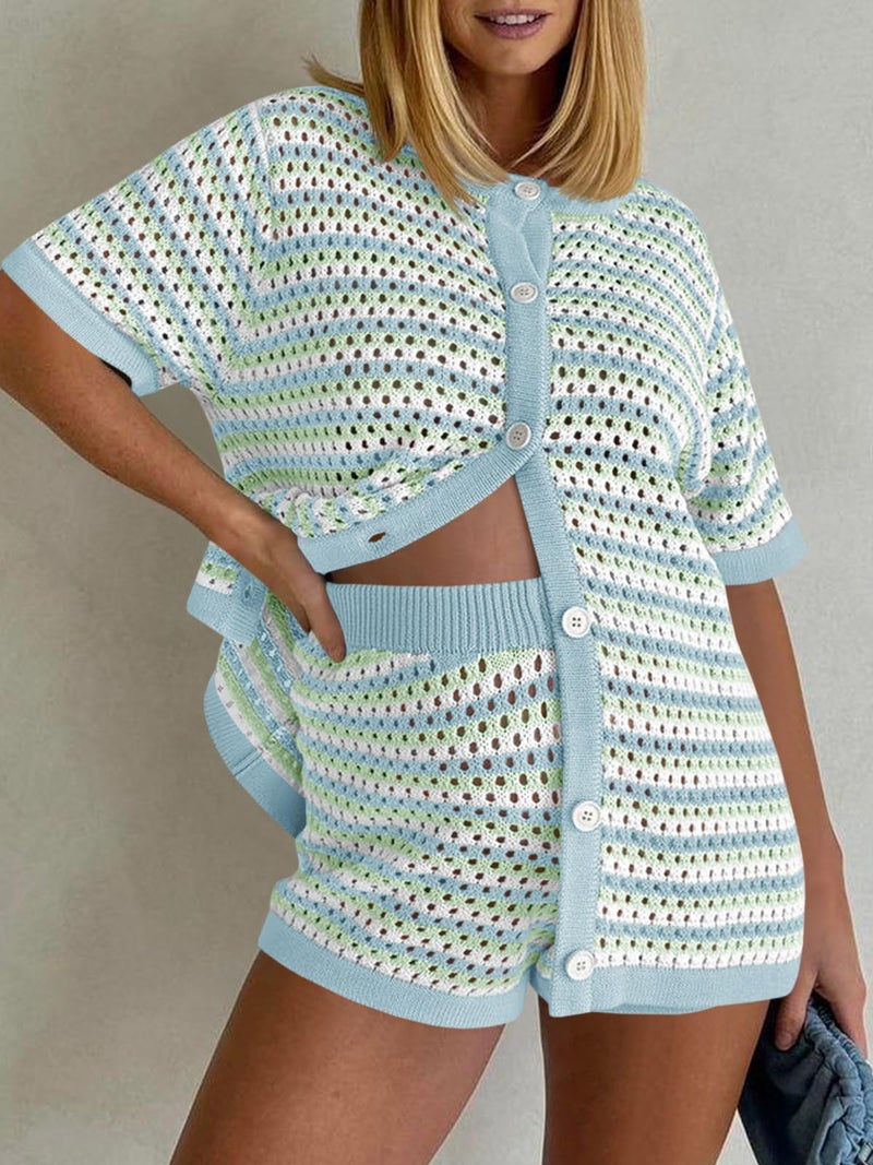 Saodimallsu Womens Crochet Swimsuit Coverup Summer Beach Sets Striped Knit Short Sleeve Button Shirts 2 Piece Short Set Blue - Image 5