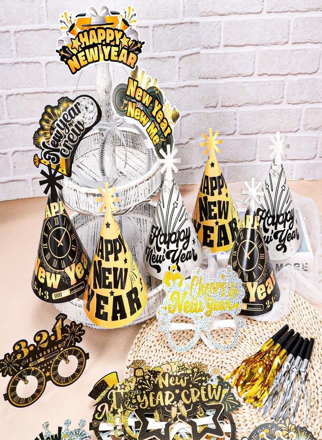 هواف لوازم حفلات رأس السنة الجديدة من HOWAF لعام 2026، 36 قطعة من عصابة رأس لحفلات رأس السنة الجديدة السعيدة وقبعات مخروطية وورق لامع ونظارات طبية وصانعات ضوضاء وزخارف ذهبية سوداء لرأس السنة الجديدة 2026 وإكسسوارات هدايا رأس السنة الجديدة - Image 4